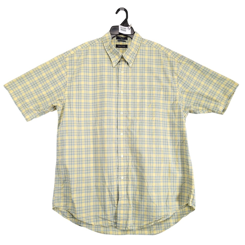 Nautica Yellow Plaid Button Down Shirt Men's XL Short Sleeve Summer Coastal